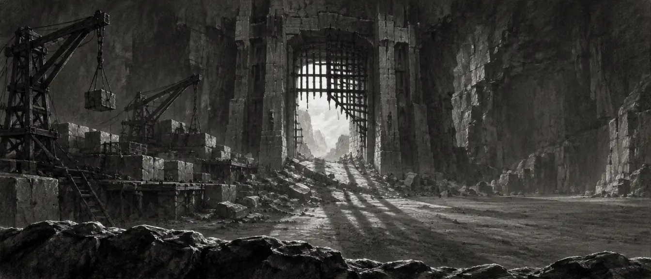 Quarry Gate: gerbang raksasa yang dipahat ke batu gunung, jeruji besi menggantung miring, derek kayu dan tumpukan balok batu di kiri.