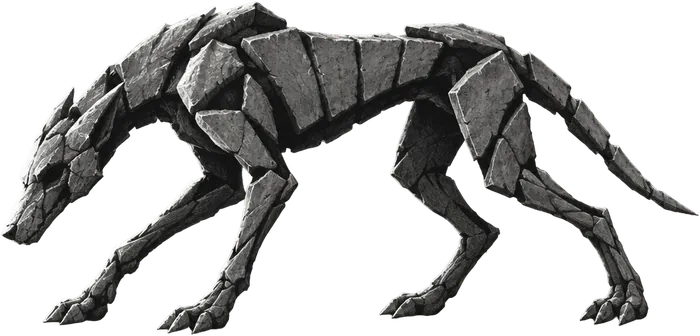 Voussoir Hound, anjing dari batu-batu lengkung, mengendap di tanjakan reruntuhan.